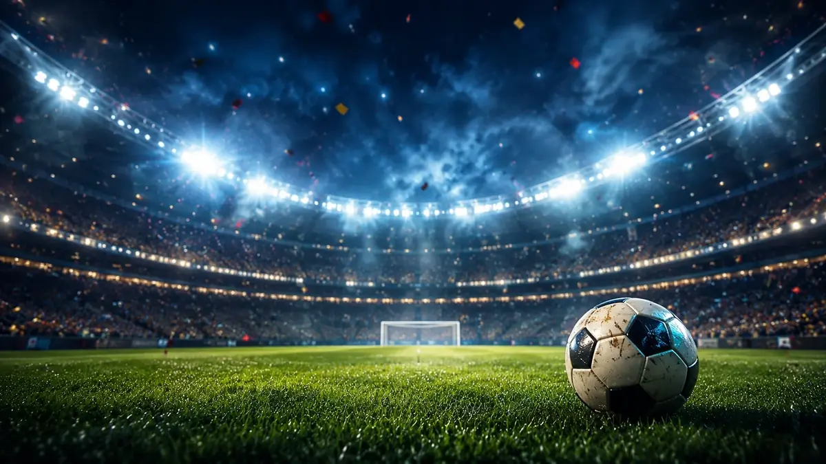 Football resting on the pitch in front of an empty goal under bright stadium floodlights at night with packed stands in the background and confetti in the air.