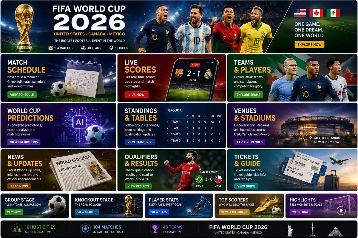 FIFA World Cup 2026 hero banner featuring tournament trophy and stylized graphic of stars from the United States, Canada, and Mexico co-host nations.